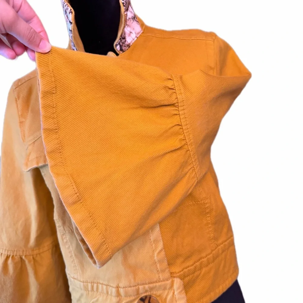 Anthropologie Nora Flounce-Sleeved Trucker Jacket Mustard Yellow M Bell Sleeve - Picture 6 of 10
